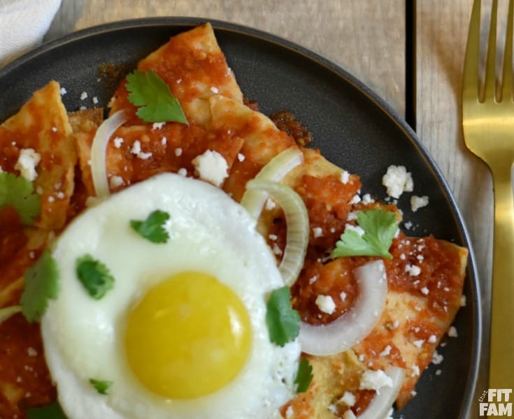 These chilaquiles are good for breakfast, lunch, or dinner. It just depends on your toppings. If you want it for breakfast, add a fried egg. If you want it for lunch or dinner, add some shredded rotisserie chicken. Then garnish as desired!