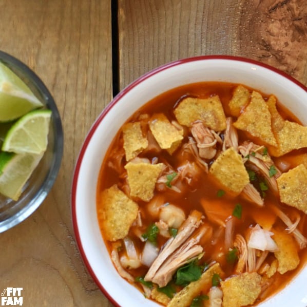 Easy Mexican Pozole Rojo, perfect comfort food. Made with chicken instead of pork. love the dried chili peppers in this! so yummy and surprisingly healthy!