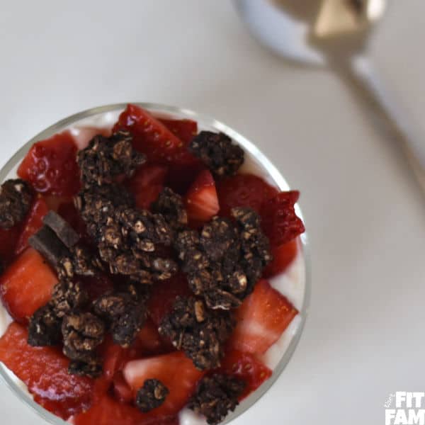 This is a high protein yogurt parfait made with strawberries & chocolate chunk granola