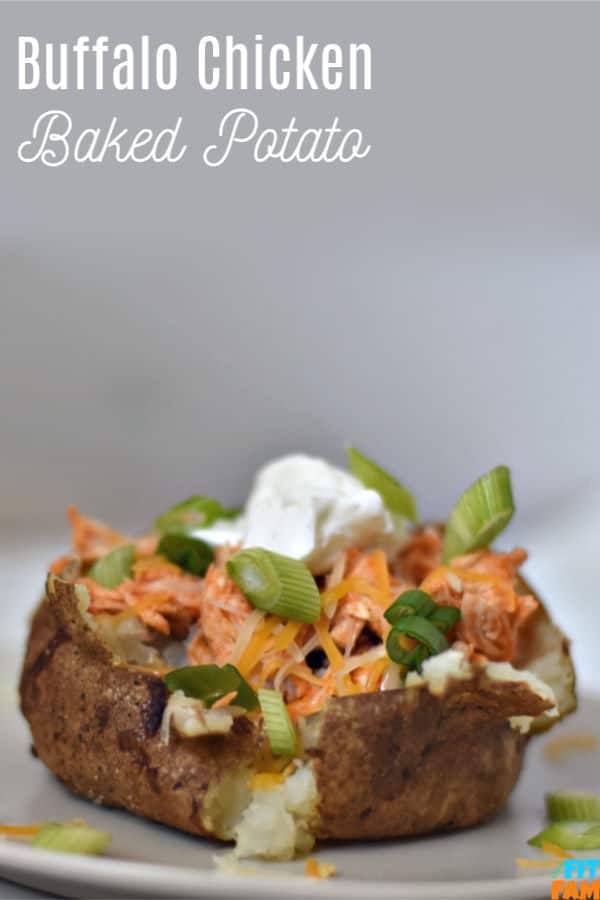 This crIspy skinned buffalo chicken baked potato is a macro friendly meal & is a weekly staple at our house! High protein & topped with Greek yogurt and green onions, this is too good to pass up. #iifym #dietfriendly