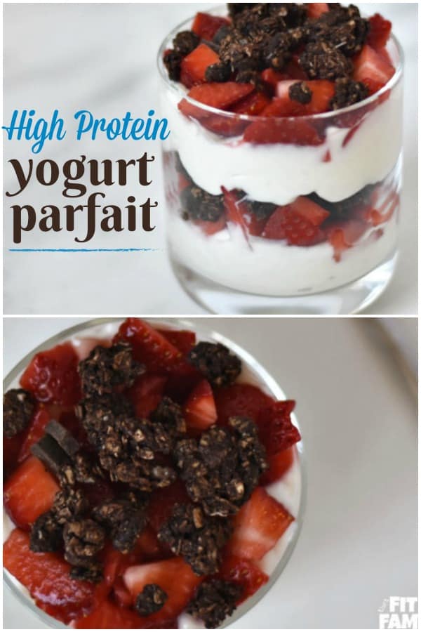 high protein yogurt parfait, perfect for meal prep. love that the chocolate & strawberry combo! macro friendly #iifym