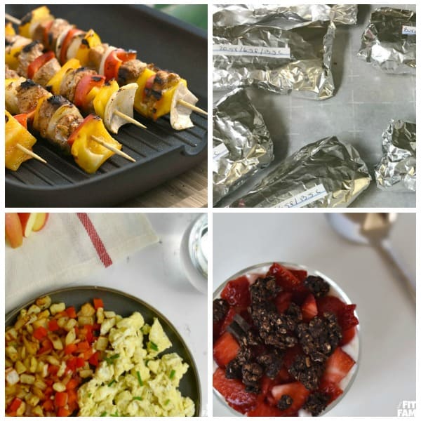 4 macro friendly recipes displayed in a grid format. fajitas, burritos, breakfast scramble, and parfait