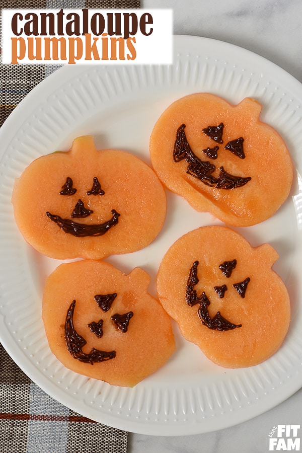 Halloween fruit idea that's super cute & easy! Cantaloupe pumpkins! perfect healthy treat #halloweenfood