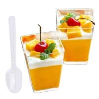 Tosnail 100 Pack 5 Oz Tall Square Clear Plastic Dessert Tumbler Cups with 100 Plastic Spoons - Great for Event and Party