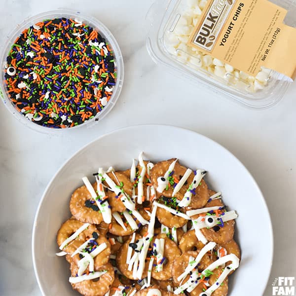 halloween yogurt covered pretzels, sprinkles, and yogurt chips