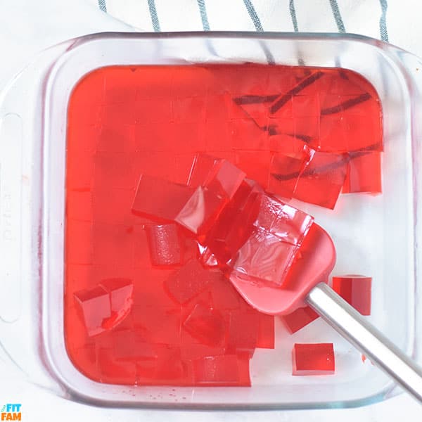 pan of sugar free strawberry jello squares