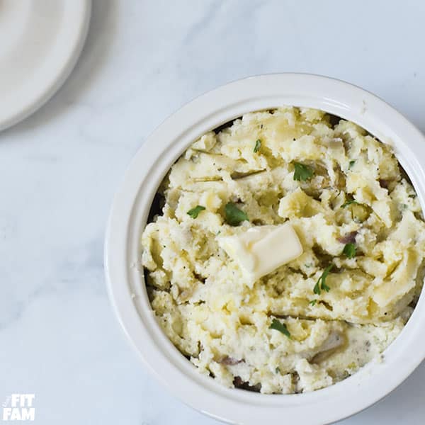 herb mashed potatoes with mashed cauliflower is such a healthy side! we use nonfat greek yogurt instead of the sour cream!
