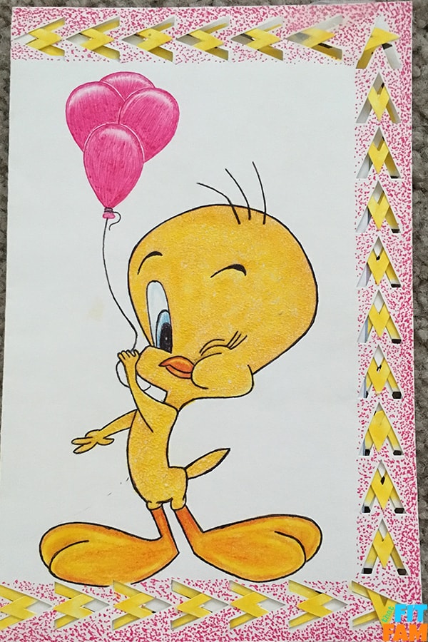 homemade birthday card with Tweety holding balloons