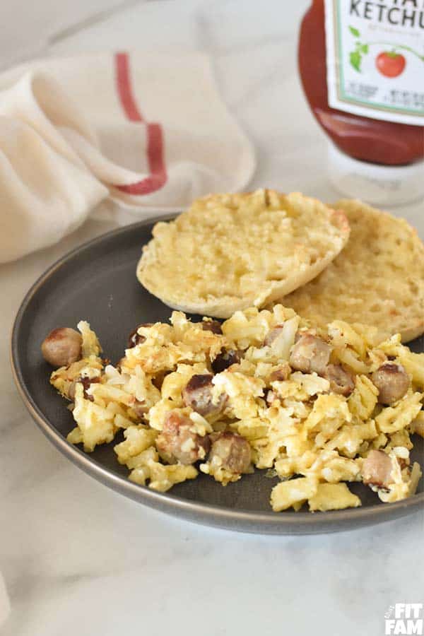 mountain man breakfast on plate with an English muffin