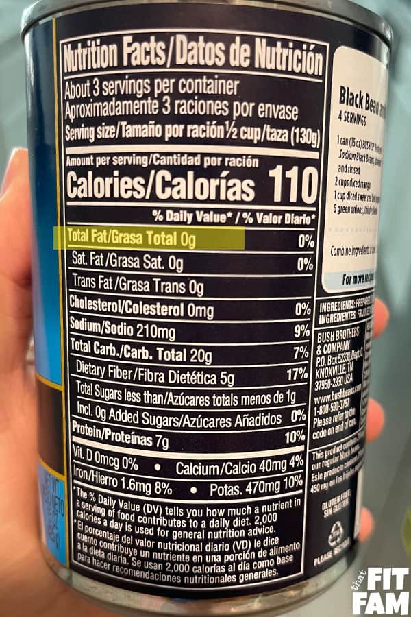 nutrition label of a can of black beans with fat info highlighted