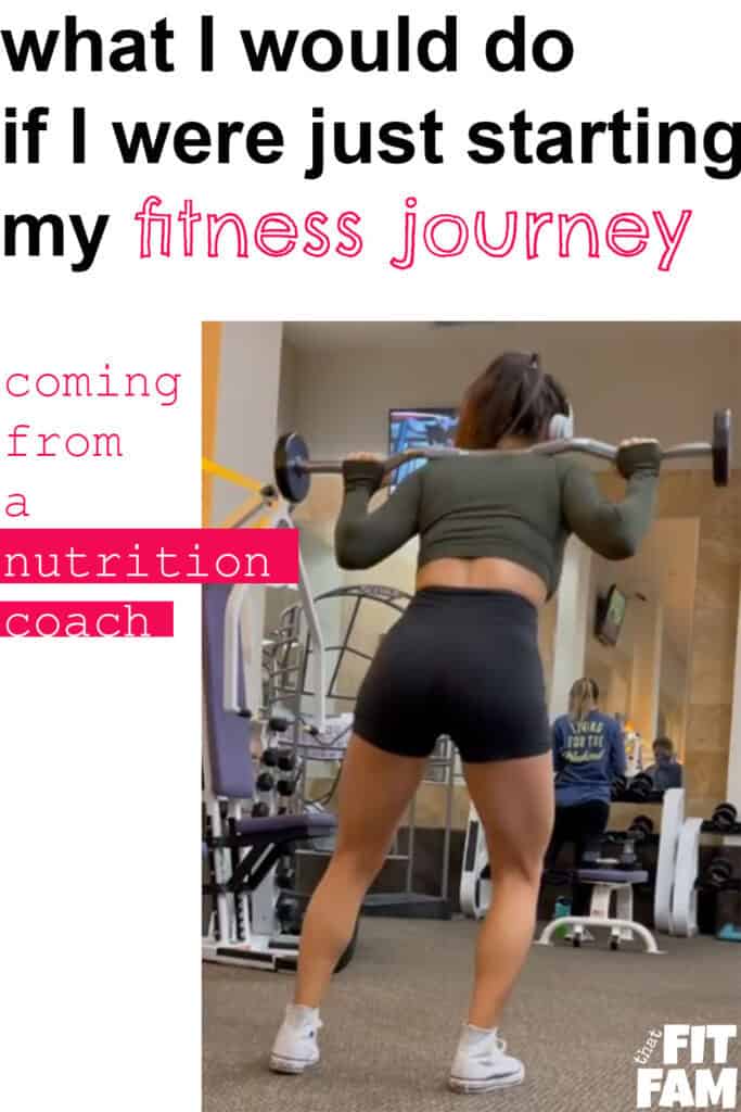 me with a preloaded barbell doing lunges with text above about starting my fitness journey